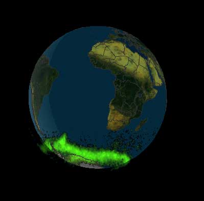 The Polar data, shown in green, are projected on the map of the globe.